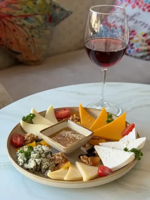Cheese platter + two glasses of wine