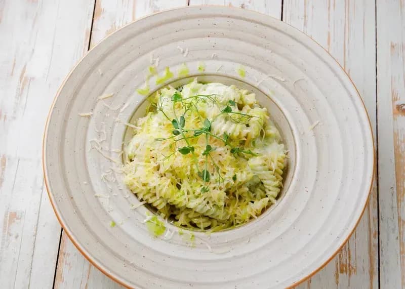 Fusilli with pesto and stracciatella cheese
