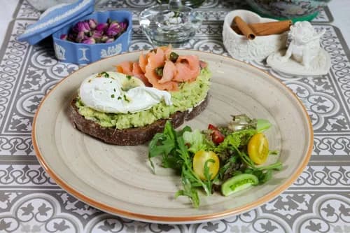 Toast with smoked salmon, avocado, and poached egg